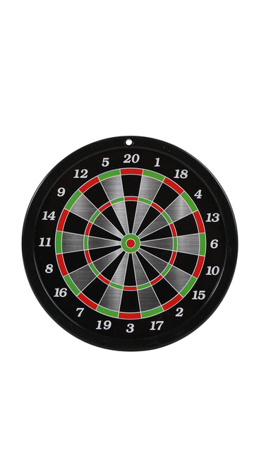 Magnetic dart target board with numbered rings and red, green, and black segments
