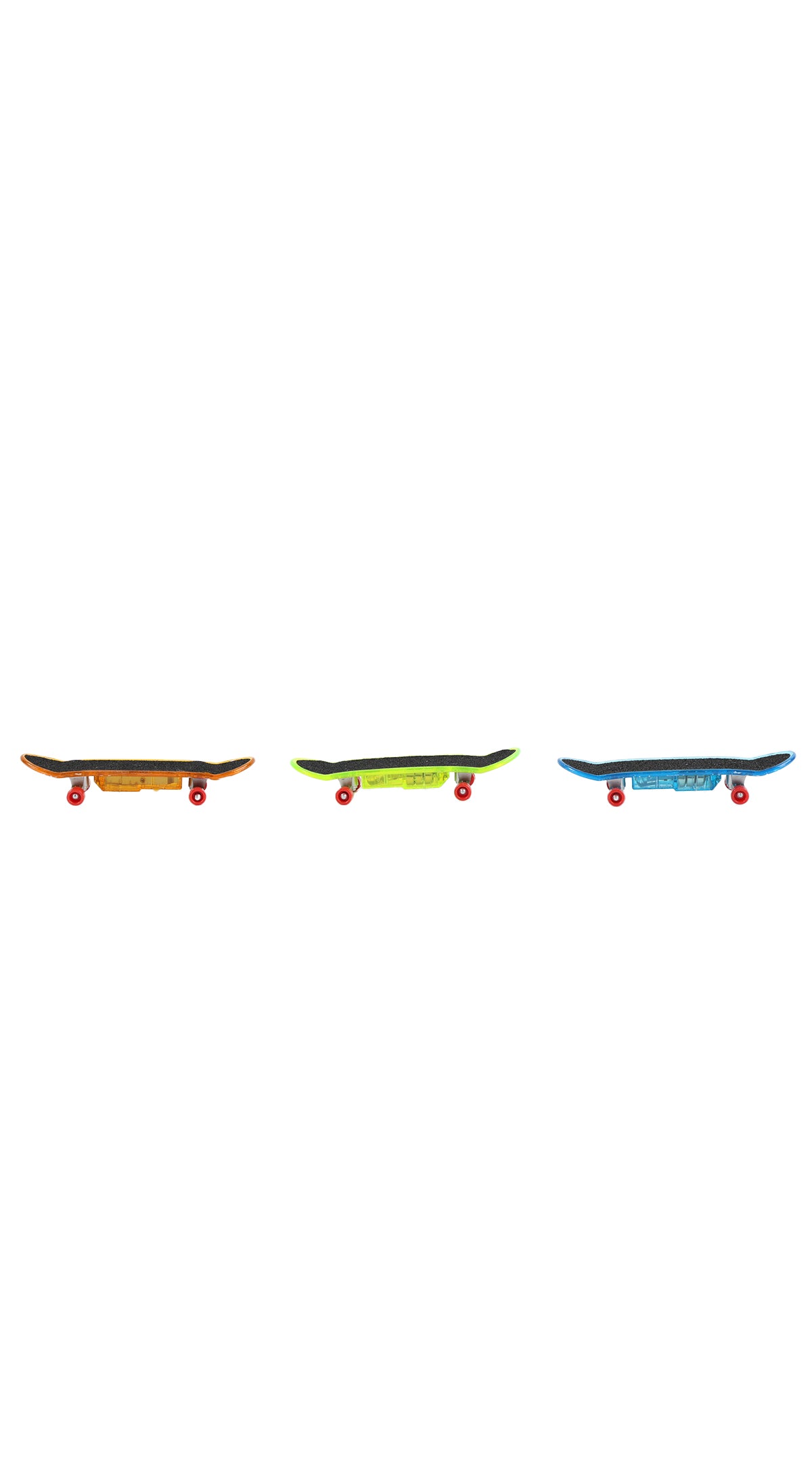 Three finger skateboards, small deck shapes in red, green and blue tones