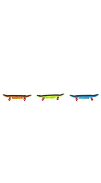 Three finger skateboards, small deck shapes in red, green and blue tones
