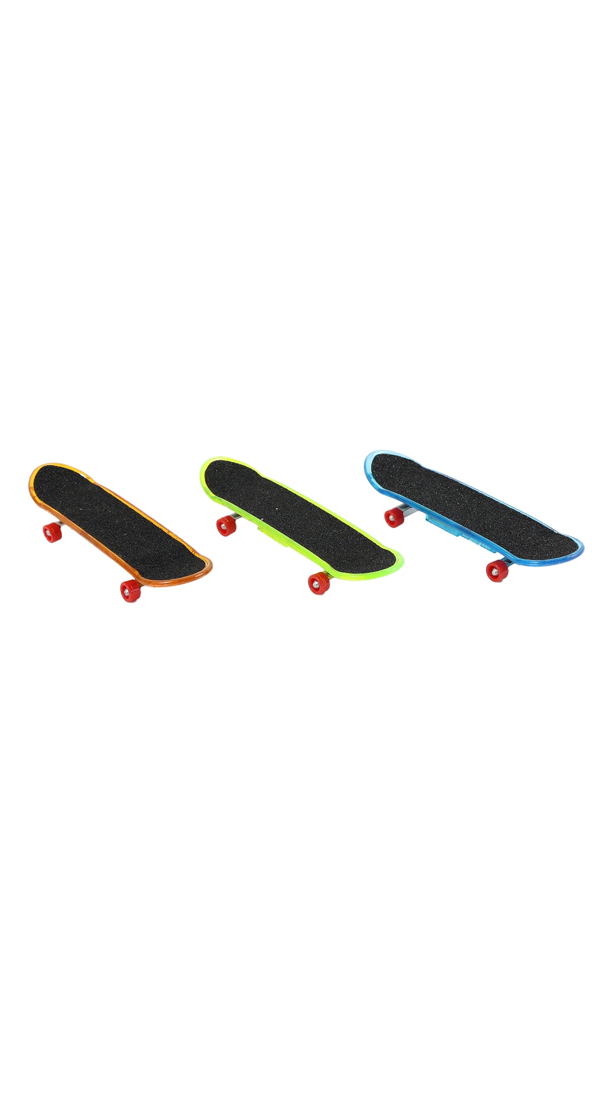 Finger skateboards with textured dark decks and colored wheels, set of 3