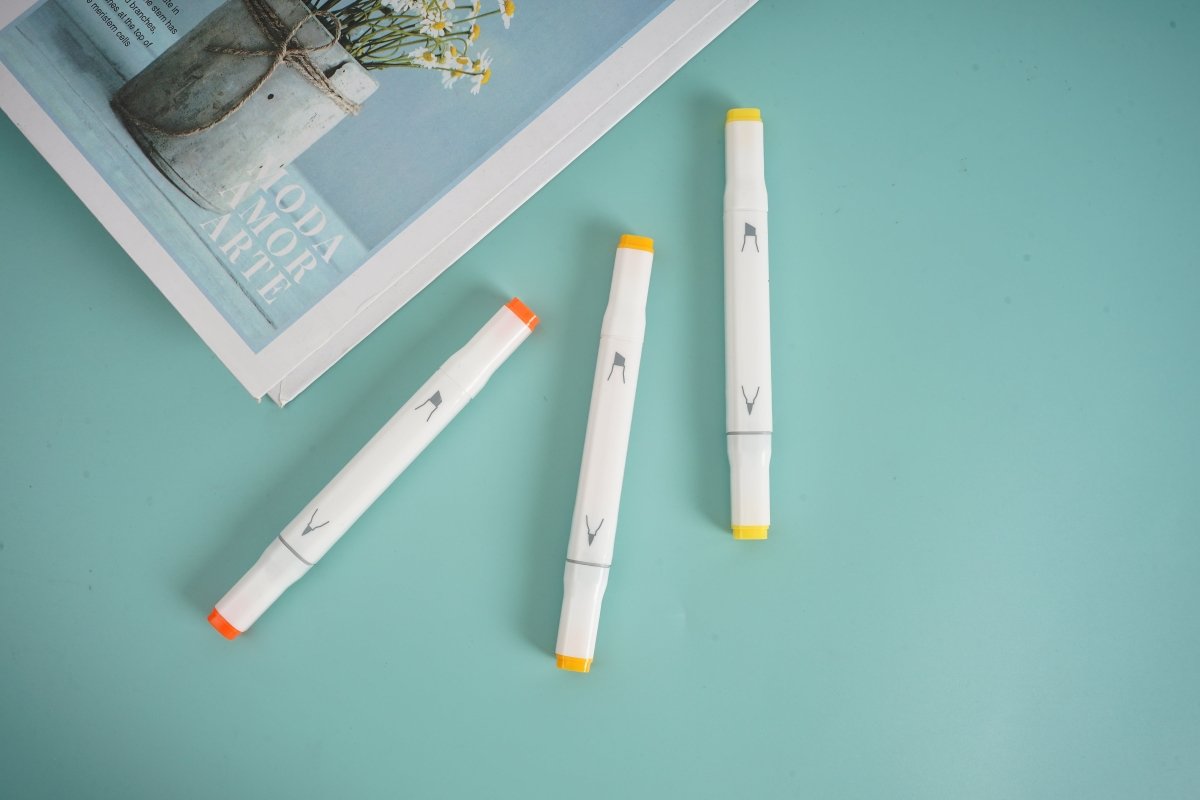3-color highlighter set with three white markers, orange and yellow tips/caps.