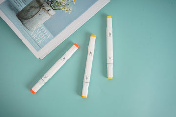 3-color highlighter set with three white markers, orange and yellow tips/caps.