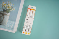3-color highlighter set package displaying three white pens with orange and yellow ends.
