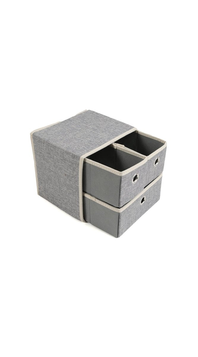 Grey fabric drawer organizer with lid folded open, showing inner compartments