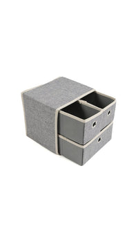 Grey fabric drawer organizer with lid folded open, showing inner compartments