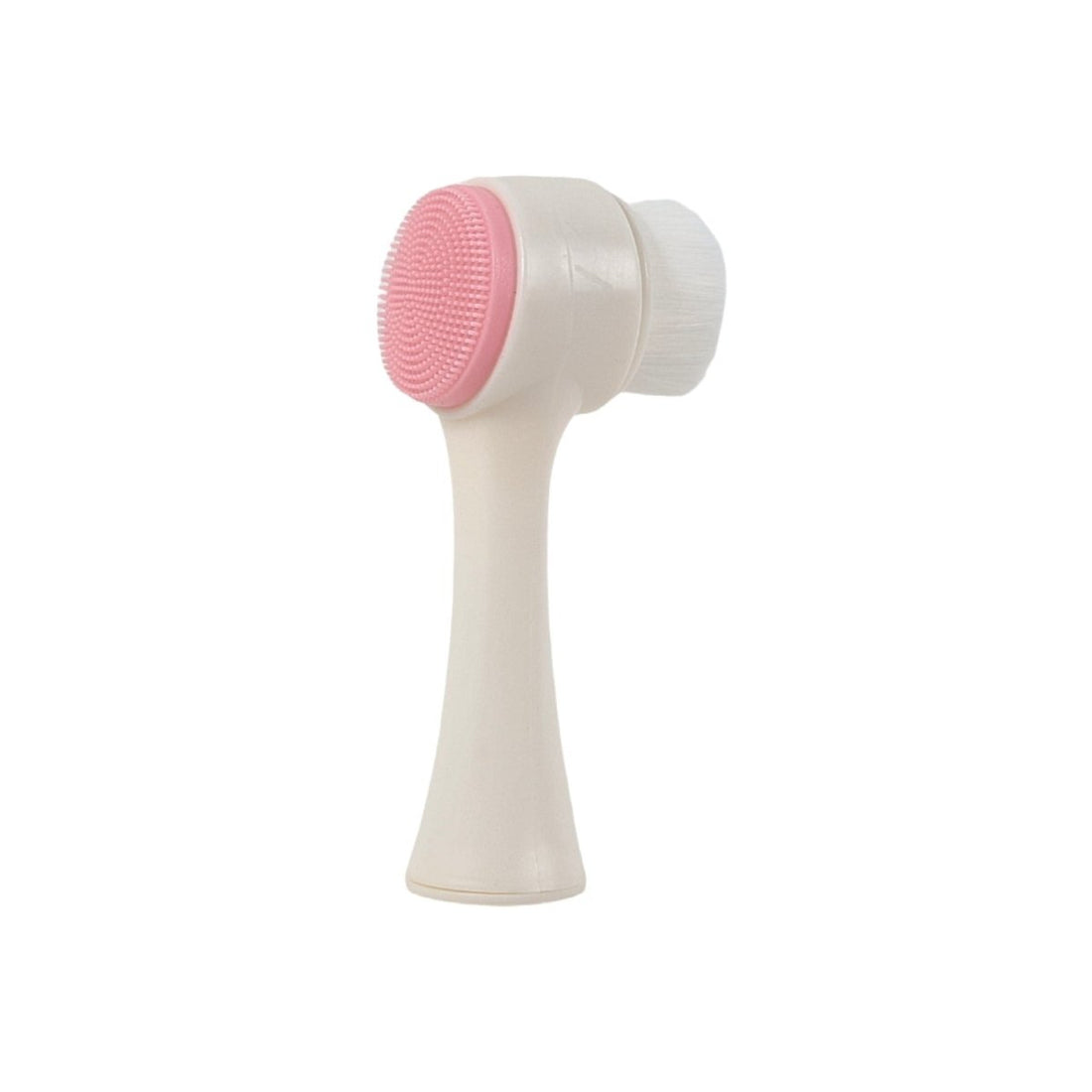 Facial cleansing brush with pink silicone scrub pad and white bristle back