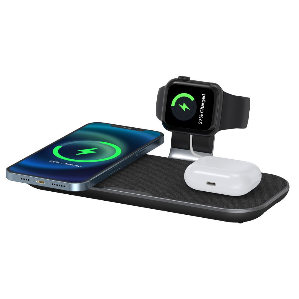 3-in-1 wireless charger station with phone, watch, and earbud pads