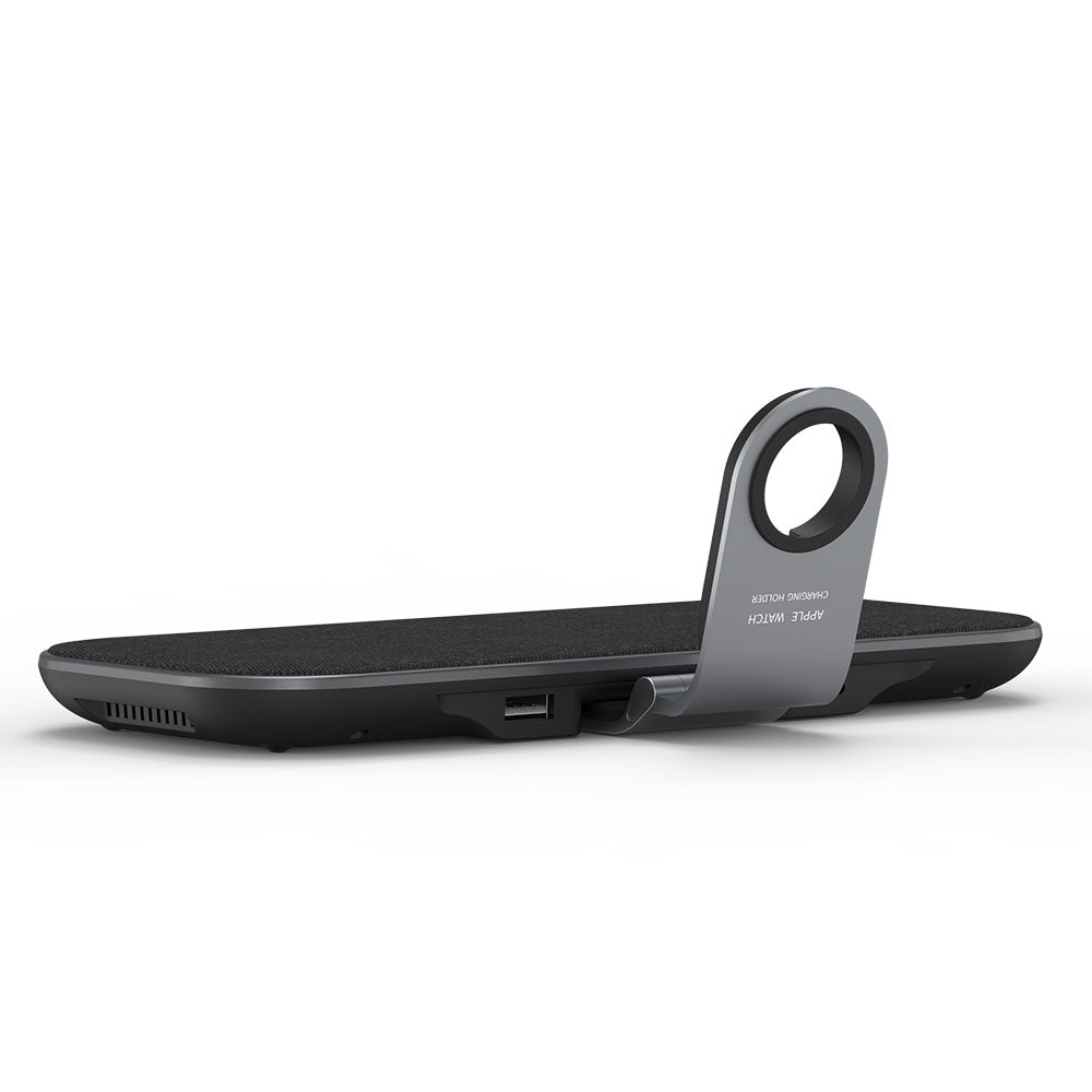 3-in-1 wireless charger station side view with watch holder and device ports