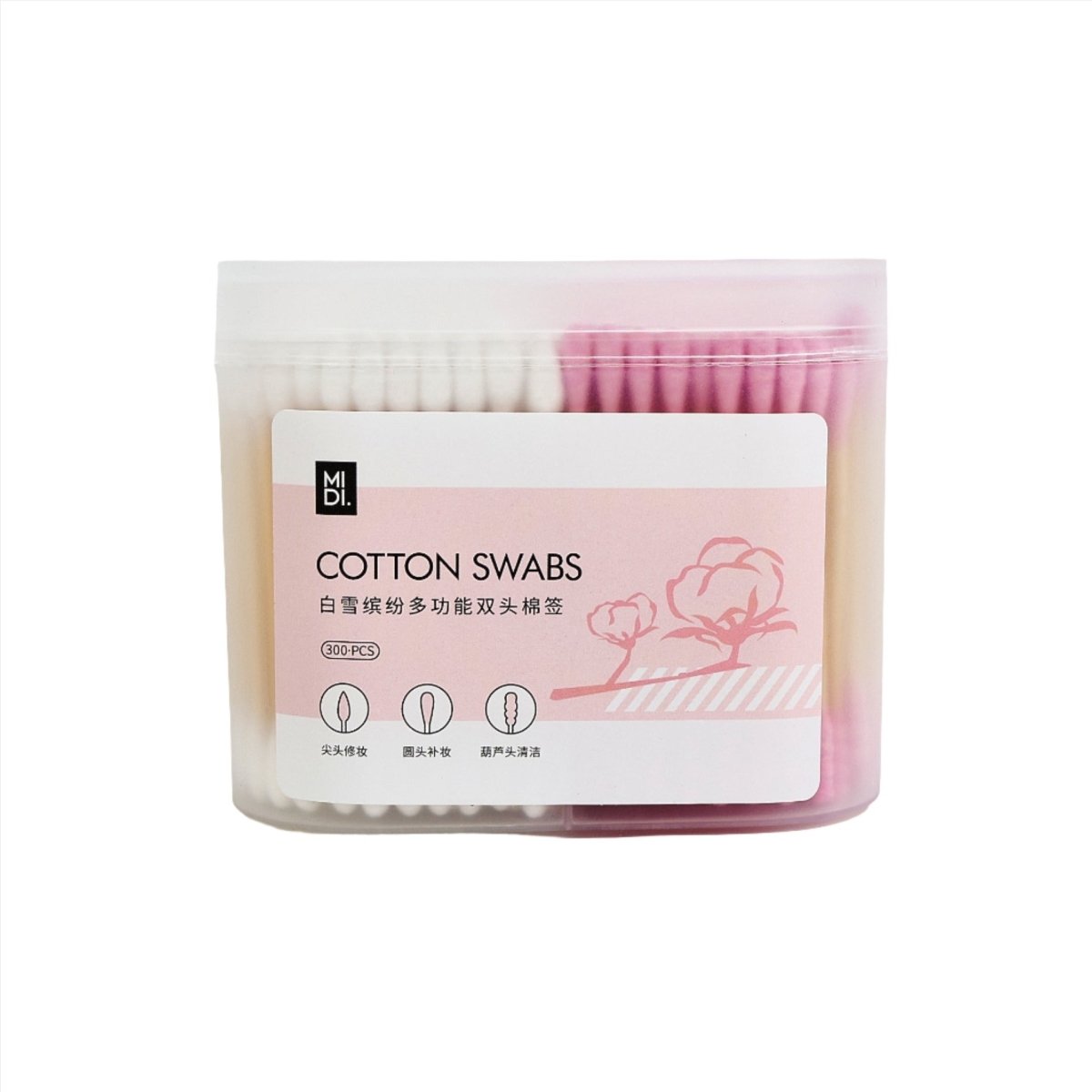 Cotton swabs in clear bag with pink tips, in storage (300 pcs)