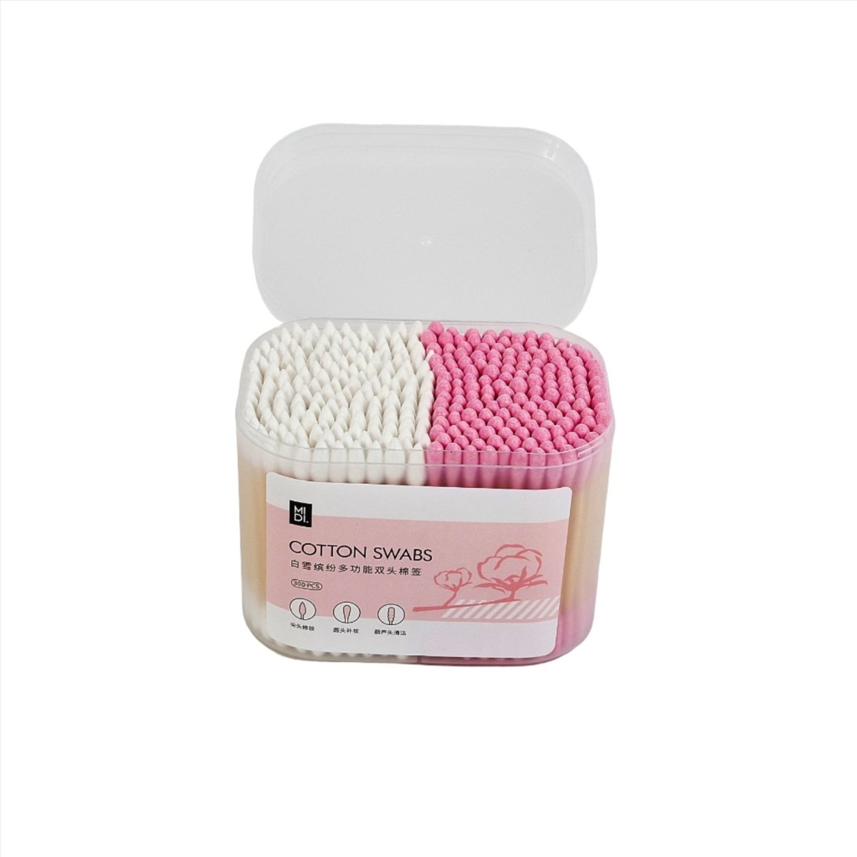 Open cotton swab box with white and pink cotton tips, 300 pcs