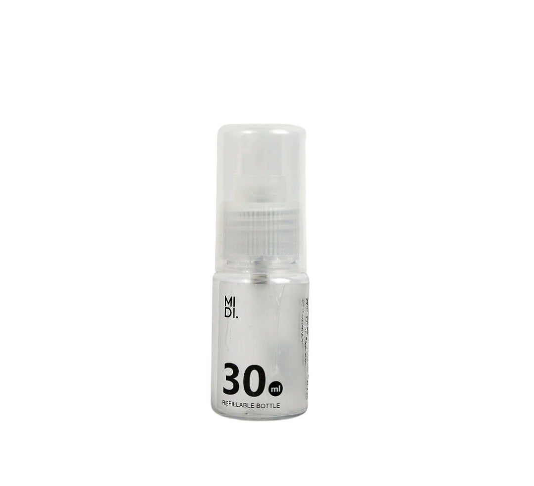 Refillable spray bottle 30 ml, clear bottle with pump sprayer and 30 ml label