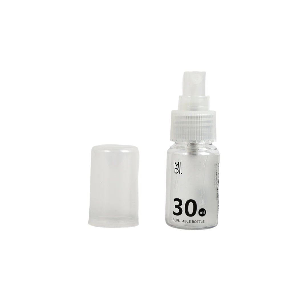 Refillable spray bottle 30 ml, clear bottle with pump sprayer and cap