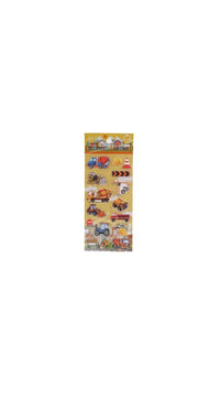 3D construction vehicle sticker sheet with diggers, cranes, dump trucks, and loaders for kids