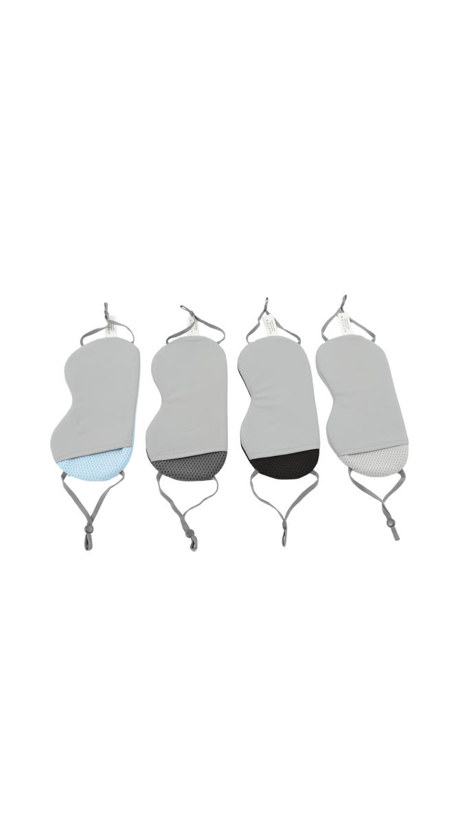 Assorted 3D sleep eye masks hanging, contoured light gray and black fabric with cords