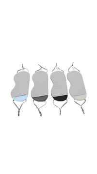 Assorted 3D sleep eye masks hanging, contoured light gray and black fabric with cords