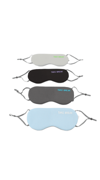 Assorted 3D sleep eye masks in light gray, black, dark gray, and blue tones with straps