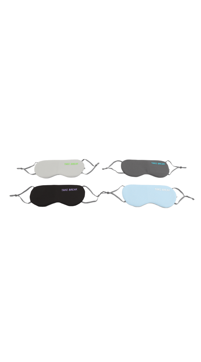 Assorted 3D sleep eye masks in light and dark tones, plus blue, with elastic straps