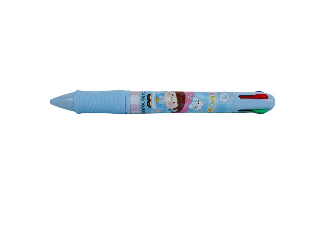 Blue 4-color gel pen with cartoon character graphic, side view, click-top