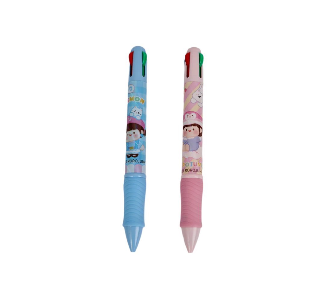 Pair of 4-color gel pens: blue and pink, both with cartoon printed barrels