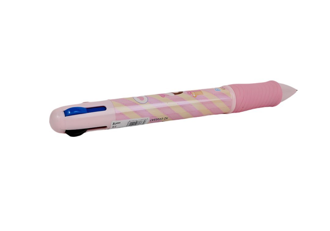 Pink 4-color gel pen with cartoon design, side view, pointed tip