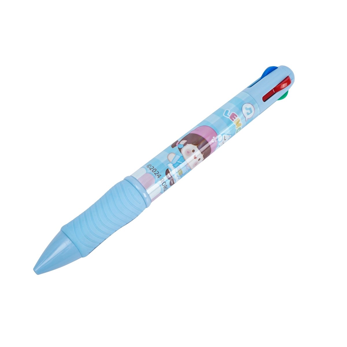 Blue 4-color gel pen with cartoon characters, click-top, multi-ink tips visible
