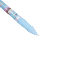 Blue 4-color gel pen with cartoon design, close-up of barrel and pointed tip