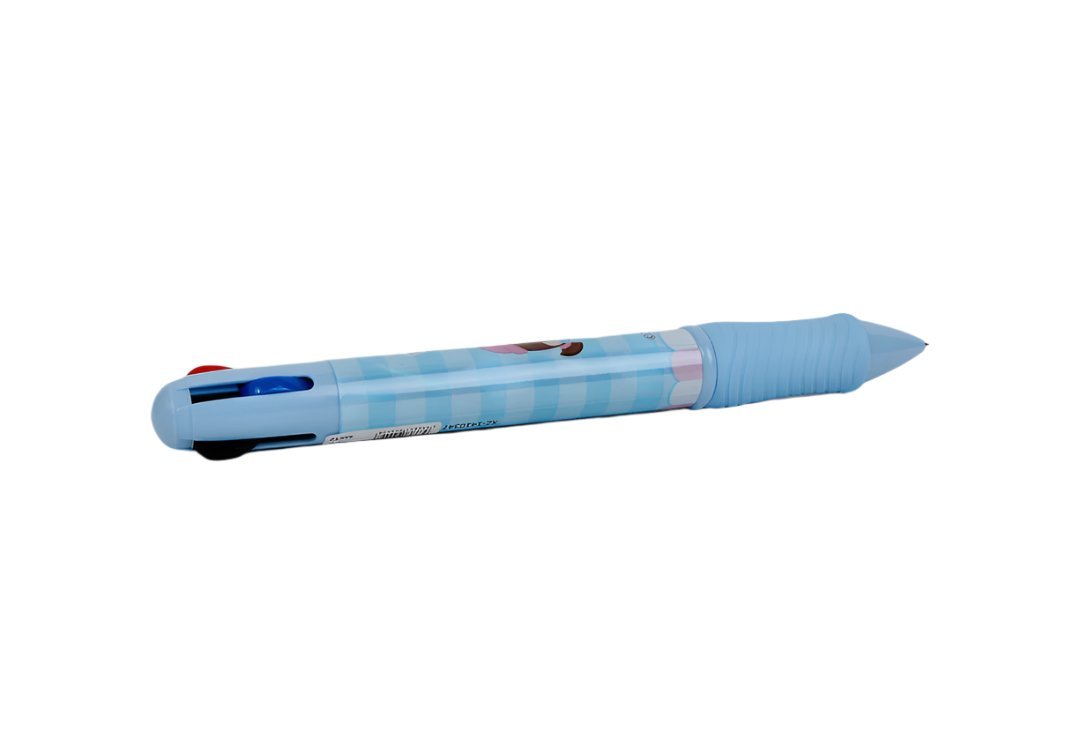Blue 4-color gel pen, side view, cartoon printed barrel and click-top