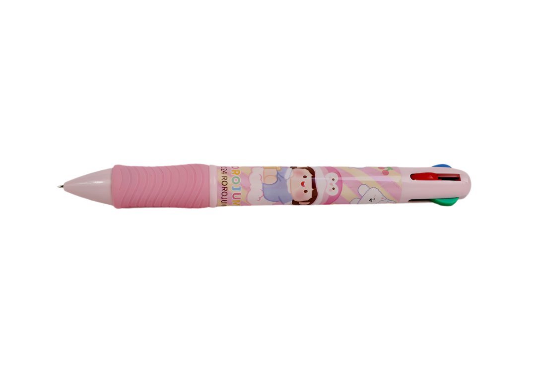 Pink 4-color gel pen with cartoon characters, side view, click-top