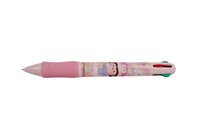 Pink 4-color gel pen with cartoon characters, side view, click-top