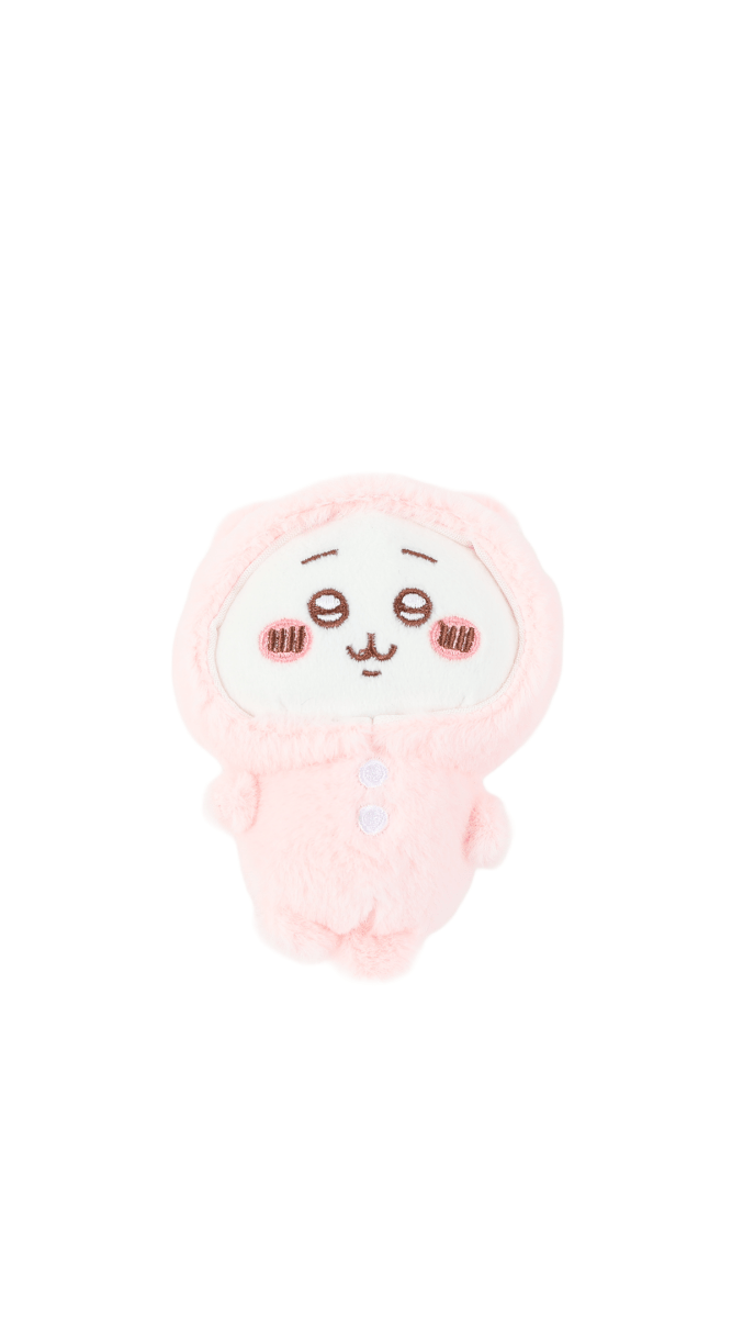 Pink plush pajama hooded character with embroidered face and small front buttons