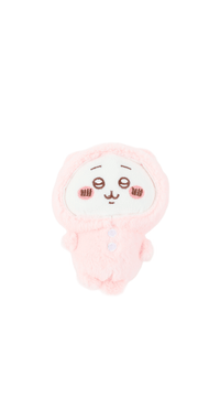 Pink plush pajama hooded character with embroidered face and small front buttons