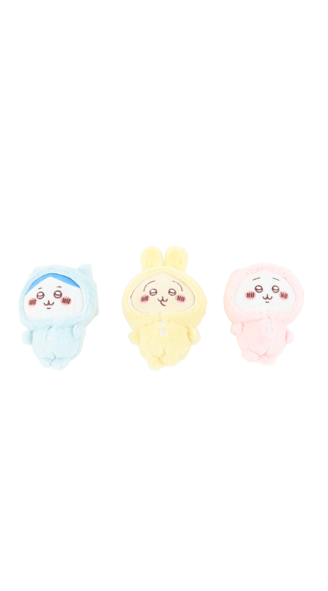 Three pastel plush pajama characters: blue, yellow, and pink
