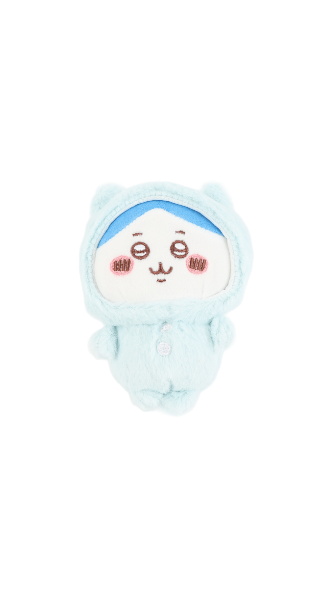Blue plush pajama hooded character with embroidered face and small front button