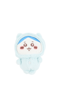 Blue plush pajama hooded character with embroidered face and small front button