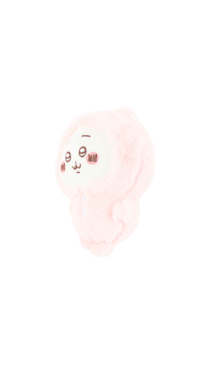 Pink plush pajama hooded character, side view