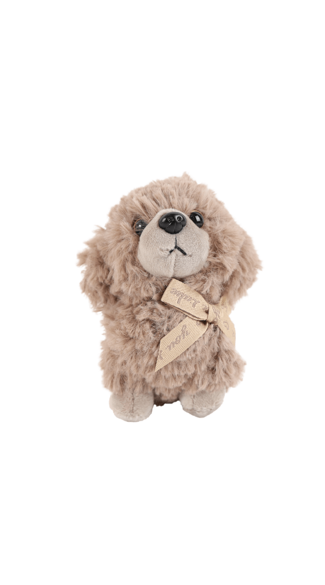 Scented teddy puppy plush in light brown with scarf bow and dark nose