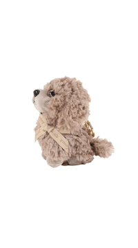 Scented teddy puppy plush in light brown, side view with bow scarf