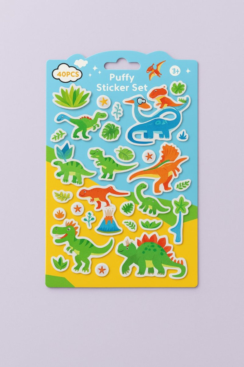 Puffy dinosaur sticker set on blister card, 40 colorful dinos and shell accents