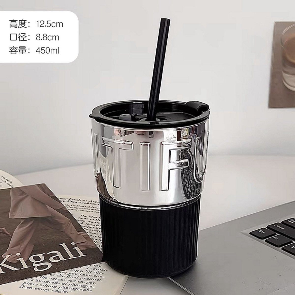 450ml insulated coffee cup with stainless-steel top, black sleeve, and black straw lid