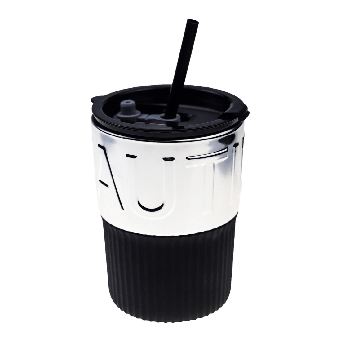 450ml insulated coffee cup with black lid, straw, white upper and black ribbed base