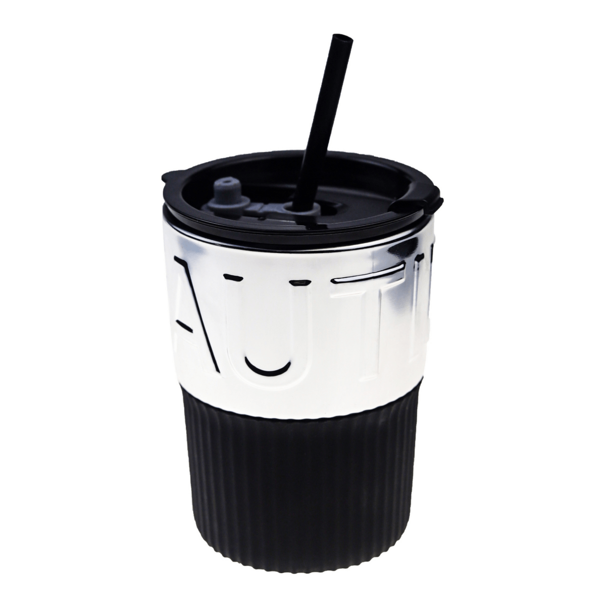 450ml insulated coffee cup with black lid, straw, white upper and black ribbed base