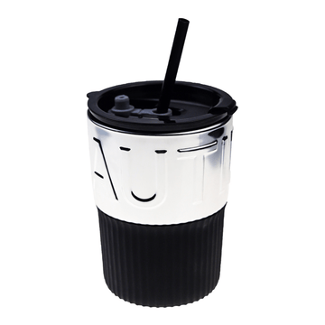 450ml insulated coffee cup with black lid, straw, white upper and black ribbed base
