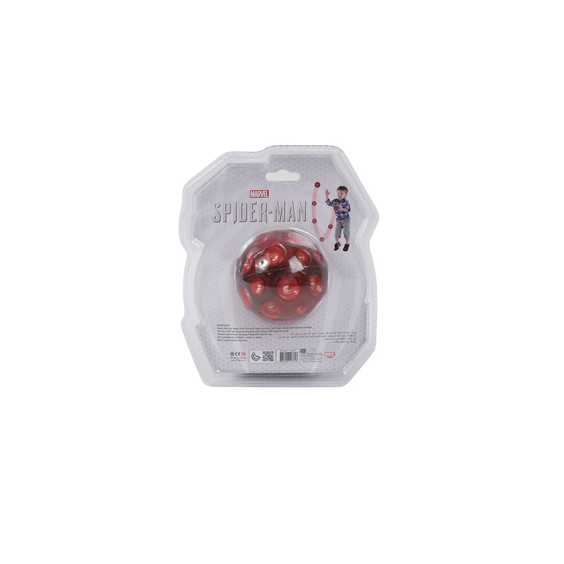 Spider-Man high bounce ball blister pack back, red ball shown through plastic