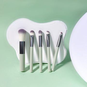 5-piece makeup brush set with heart-shaped pouch and five brushes