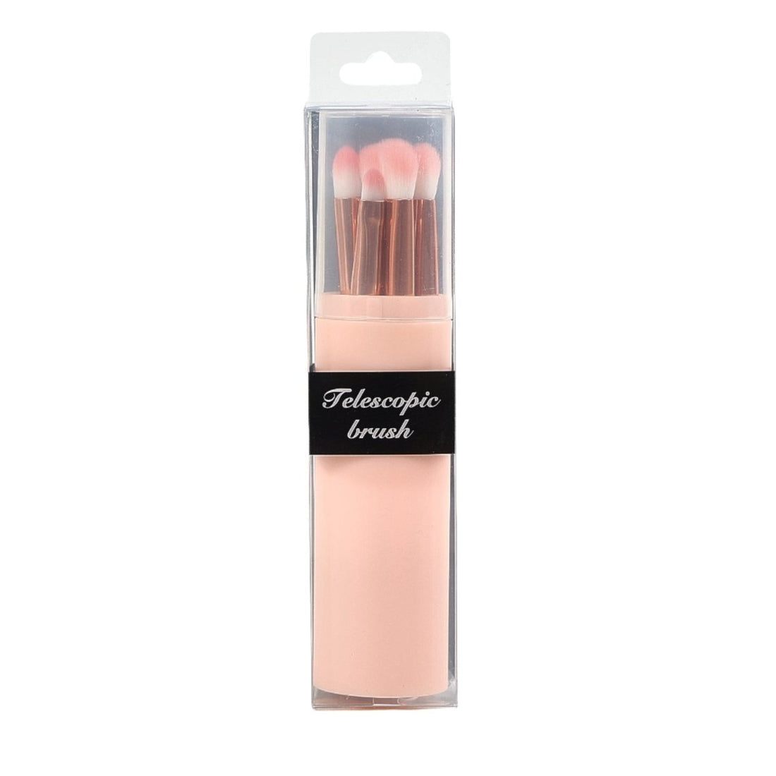 5-piece makeup brush set: telescopic brush with pink handle and soft bristles, in sleeve
