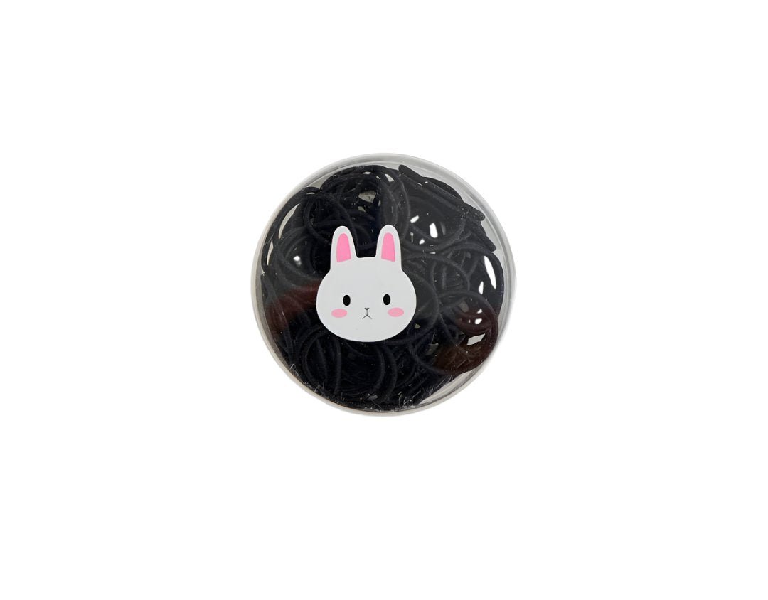 Cartoon rubber band set in round clear box with black bands and bunny charm