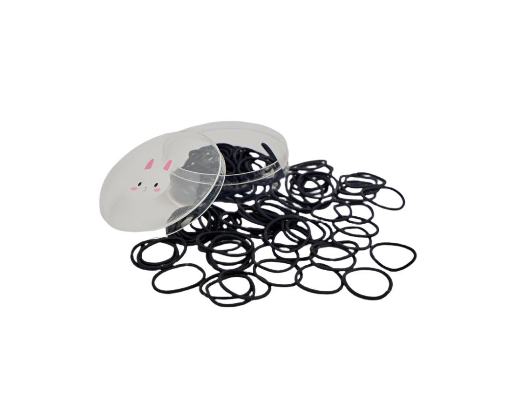 Cartoon rubber band set with black elastic bands and a clear round storage lid