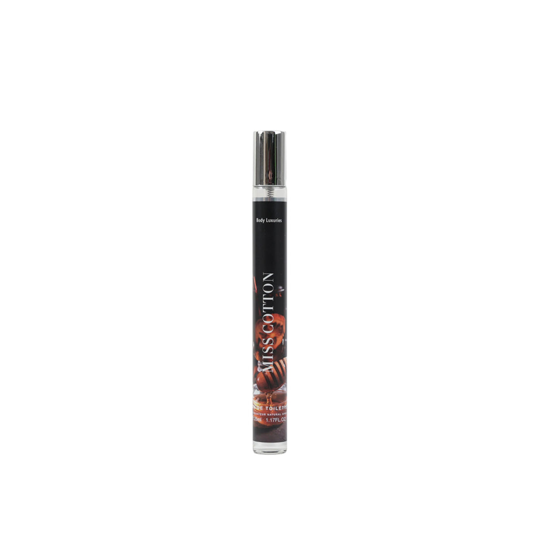 35 ml eau de toilette roller spray bottle, black with MISS COTTON print