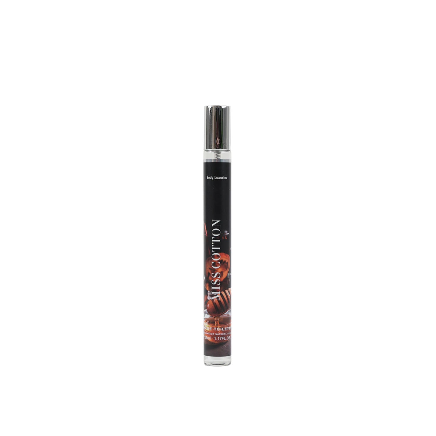 35 ml eau de toilette roller spray bottle, black with MISS COTTON print