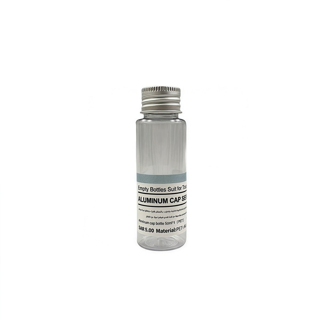 50ml empty travel bottle with aluminum cap, clear body with silver threaded lid